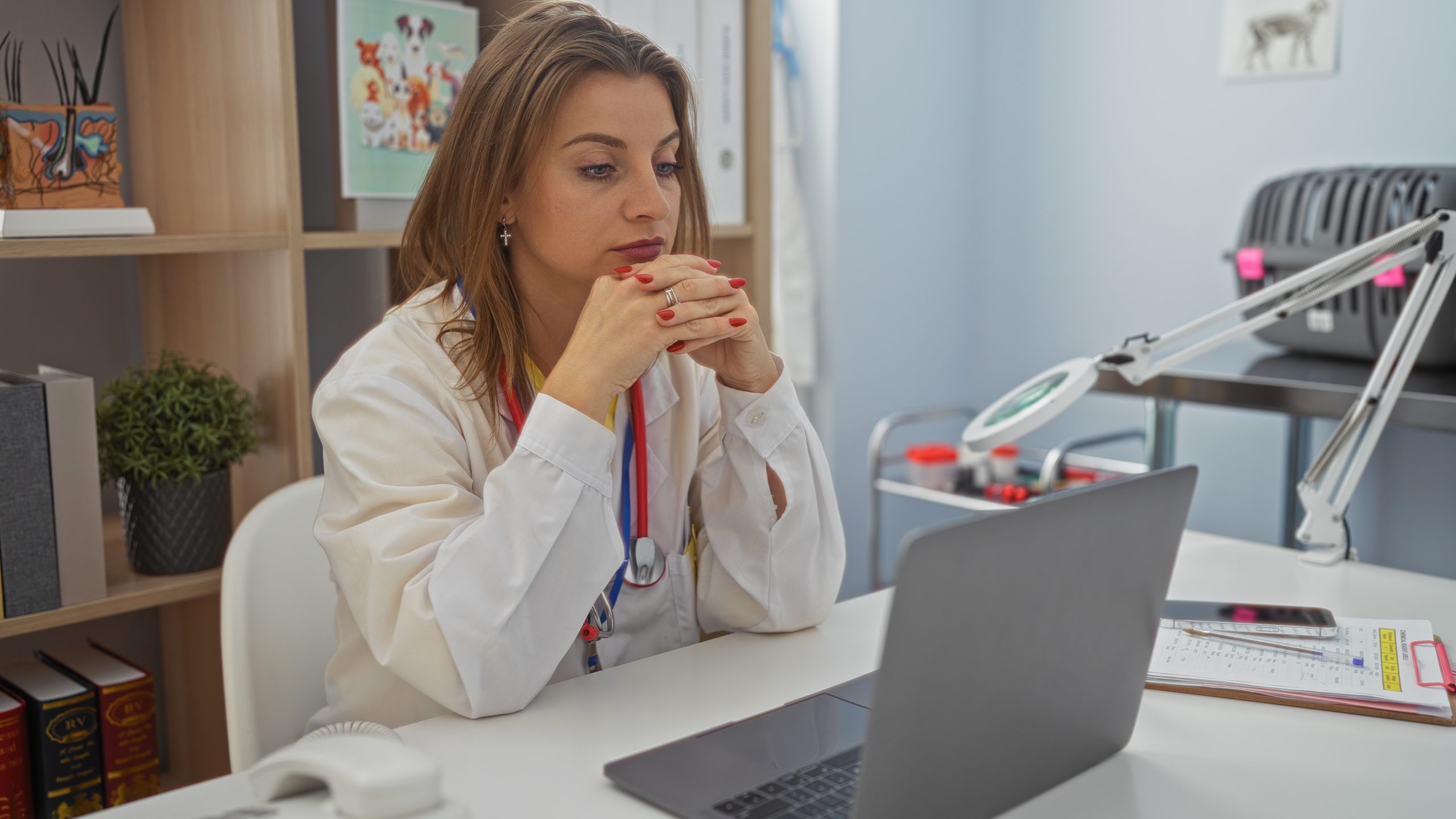 A blonde woman veterinarian in a clinic room wearing a white coat and using a laptop while seated at her workplace desk.