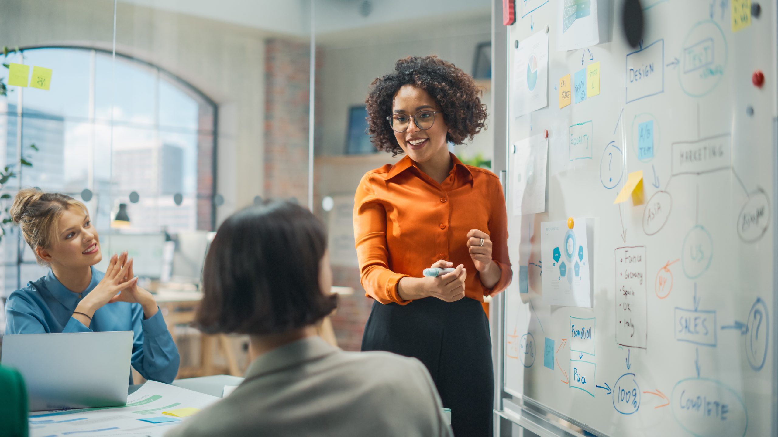 leadership; leader standing in front of white board looking at colleagues